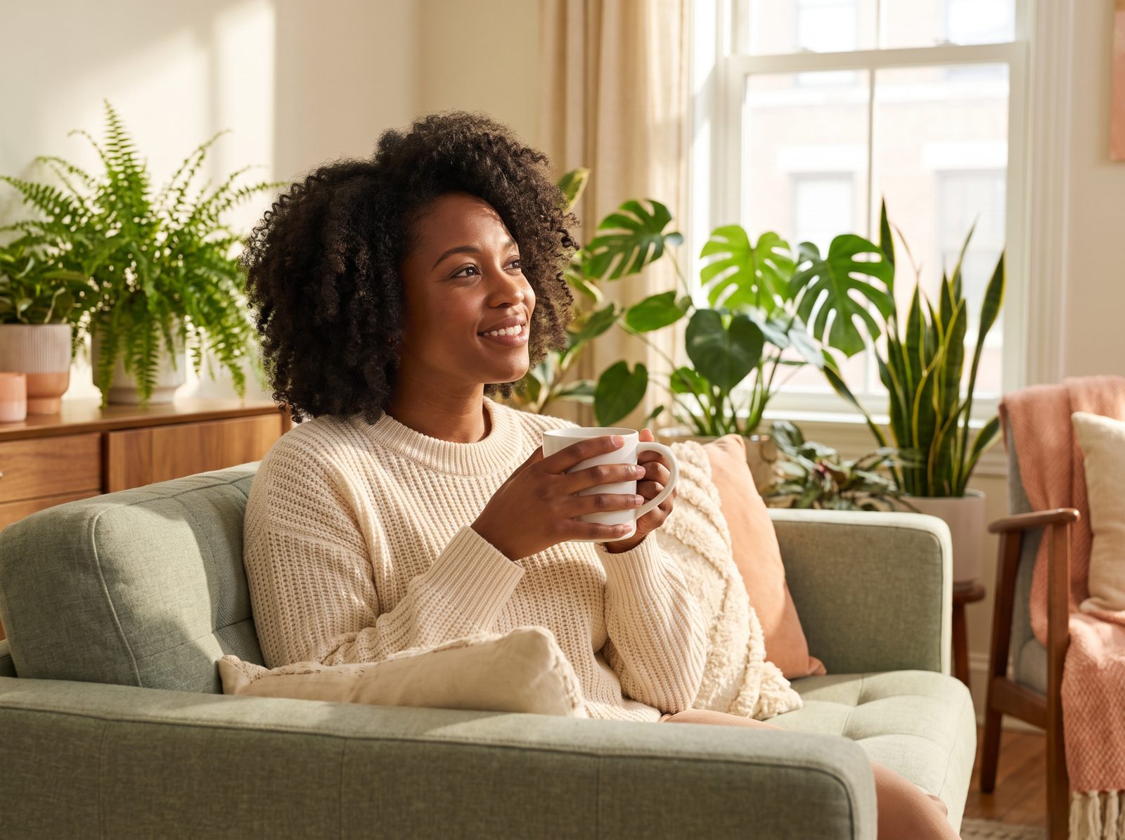 A woman relaxing at home with a cup of tea