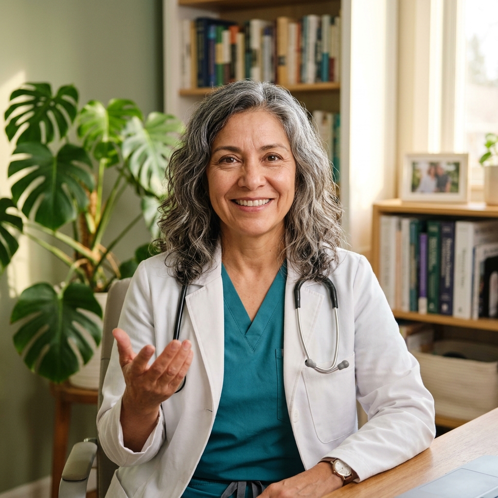 A licensed physician smiling on a video visit