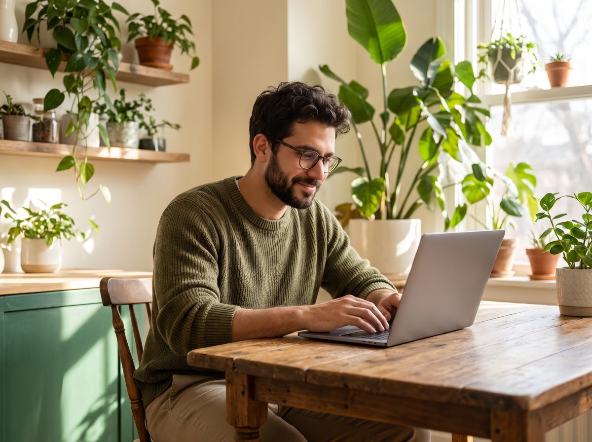 A man checking his eligibility on a laptop at home